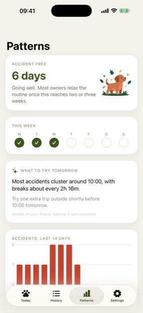 The Patterns screen showing a week of logged events