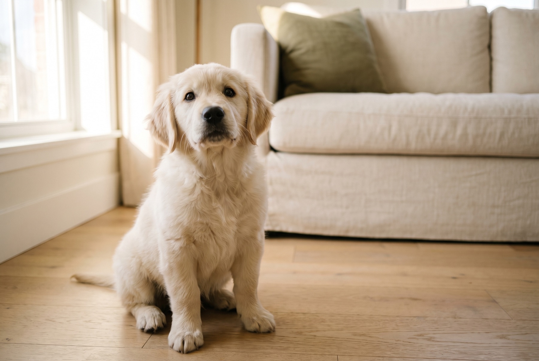 A golden retriever puppy sitting on an oak floor in a sunlit living room