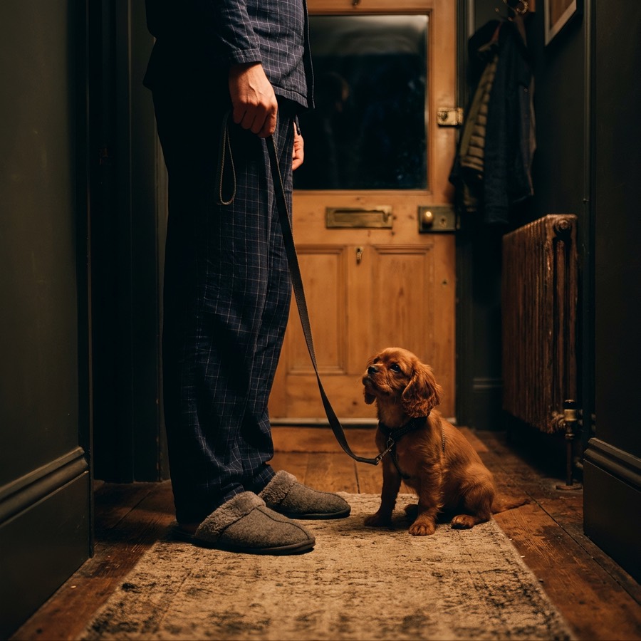 A puppy waiting by the front door beside its owner's feet late at night