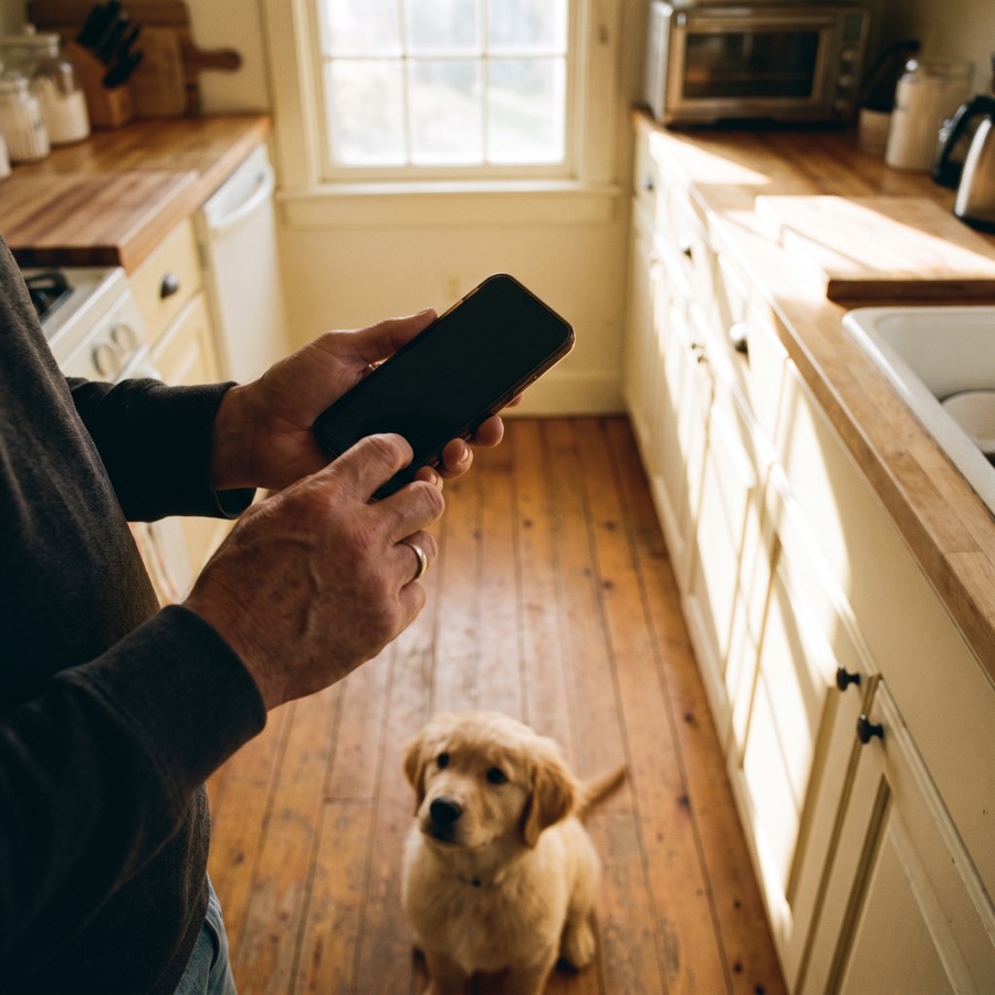 Someone holding a phone in a kitchen with a puppy at their feet