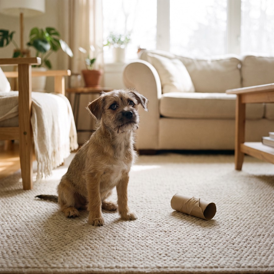 A puppy sitting on a pale rug next to a roll of paper towels